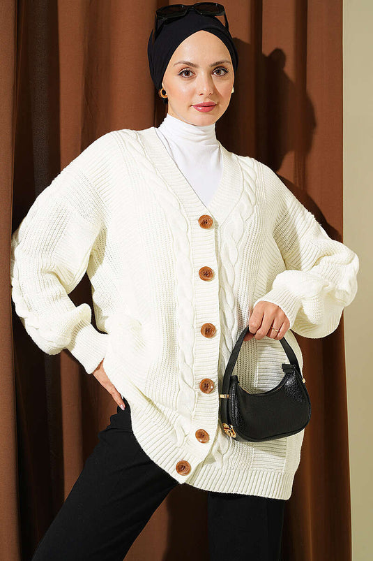 Gestrickte Cardigan Mit Knöpfen Und Strukturdetails In Ecru