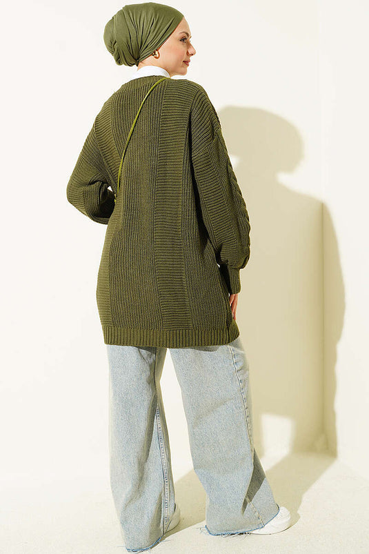 Gestrickte Knopfleiste Cardigan Mit Struktur Details In Khaki