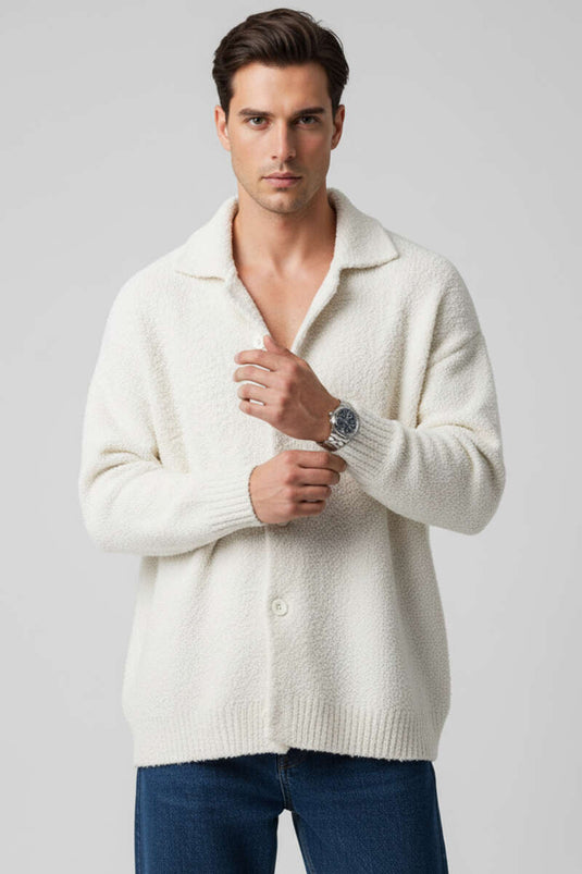 Veste homme boutonnée en maille œil d'agneau couleur os