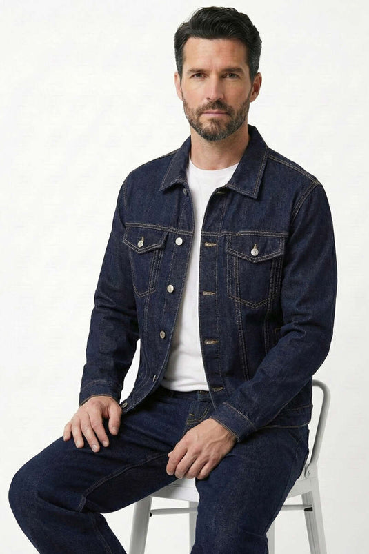 Buttoned Oversized Denim Men's Jacket Navy Blue