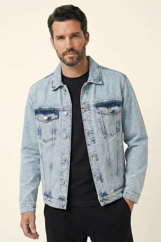 Düğmeli Oversize Denim Erkek Ceket Mavi Kar