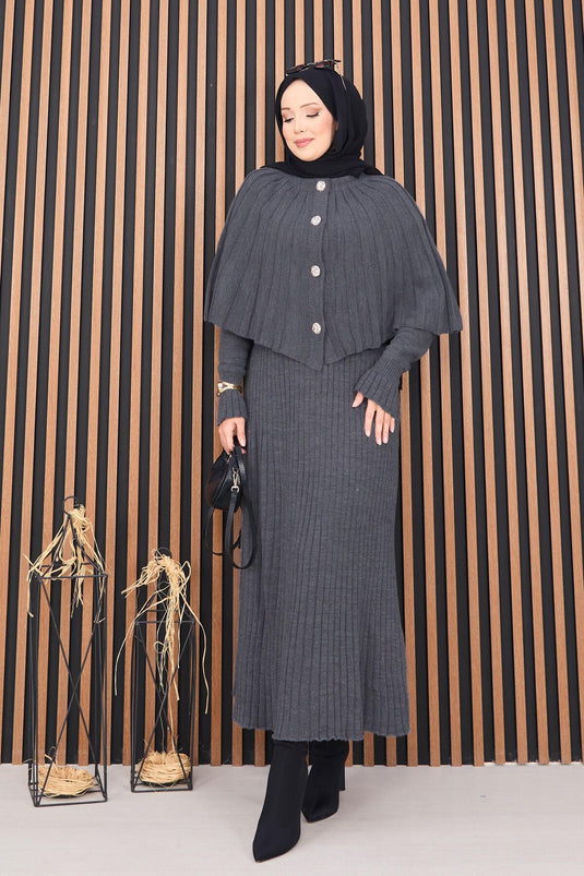 Buttoned Cape & Knitted Dress Hijab Two Piece Suit Gray