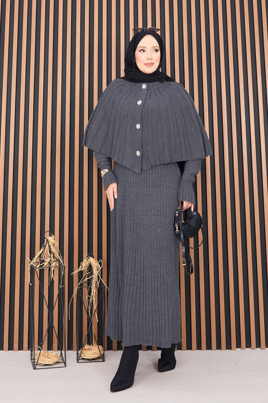 Buttoned Cape & Knitted Dress Hijab Two Piece Suit Gray