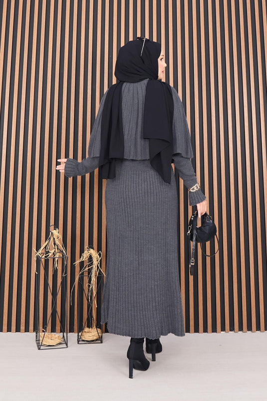 Buttoned Cape & Knitted Dress Hijab Two Piece Suit Gray
