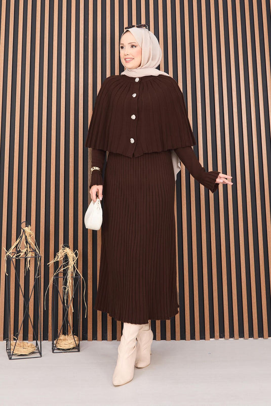 Düğmeli Pelerin & Triko Elbise Tesettür İkili Takım Kahve