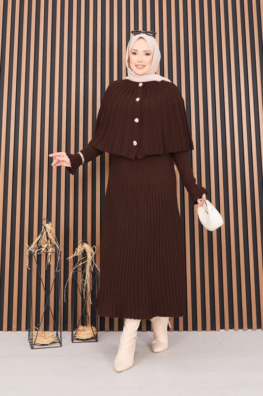 Düğmeli Pelerin & Triko Elbise Tesettür İkili Takım Kahve