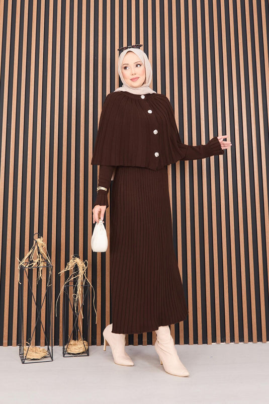 Düğmeli Pelerin & Triko Elbise Tesettür İkili Takım Kahve