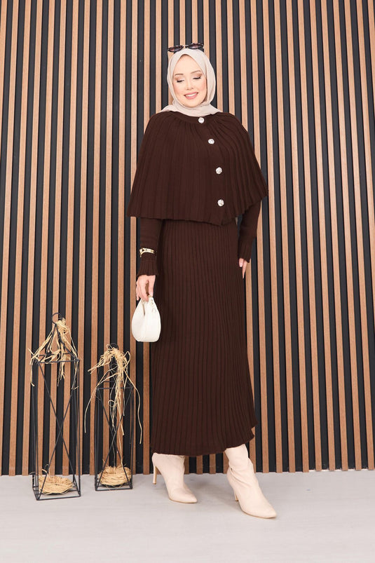 Düğmeli Pelerin & Triko Elbise Tesettür İkili Takım Kahve