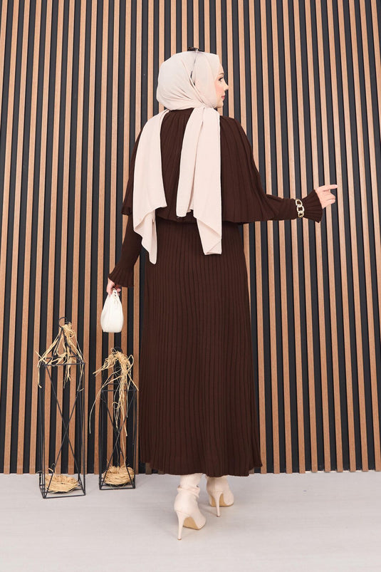 Düğmeli Pelerin & Triko Elbise Tesettür İkili Takım Kahve