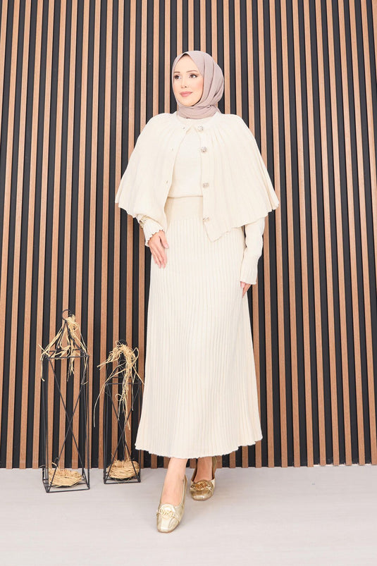 طقم حجاب مكون من قطعتين، رداء بأزرار وفستان محبوك، كريمي