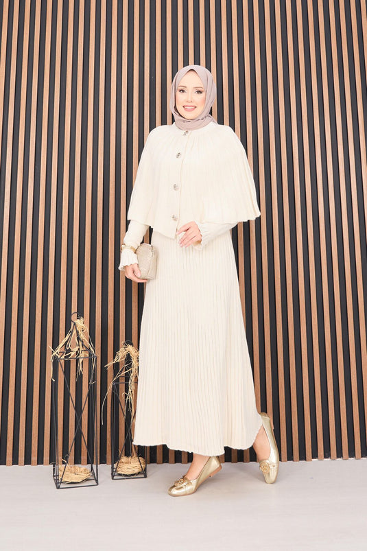 طقم حجاب مكون من قطعتين، رداء بأزرار وفستان محبوك، كريمي