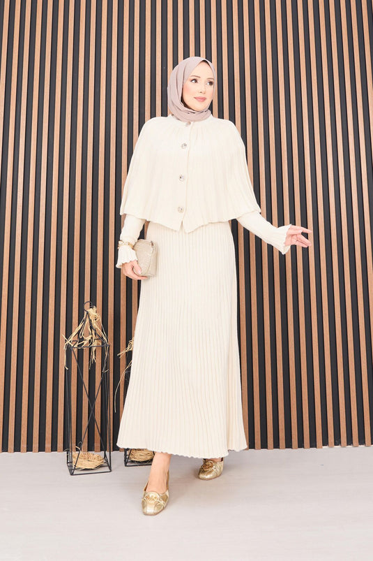 طقم حجاب مكون من قطعتين، رداء بأزرار وفستان محبوك، كريمي