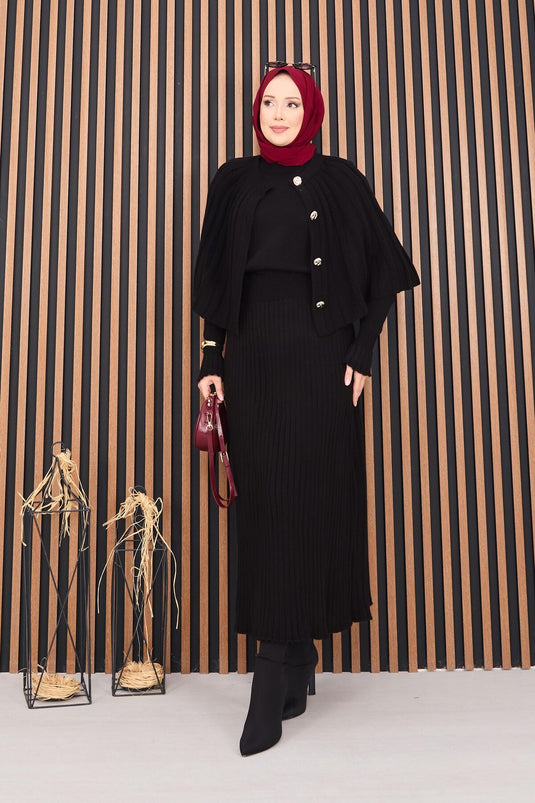 Cape boutonnée et robe tricotée avec hijab, ensemble deux pièces noir