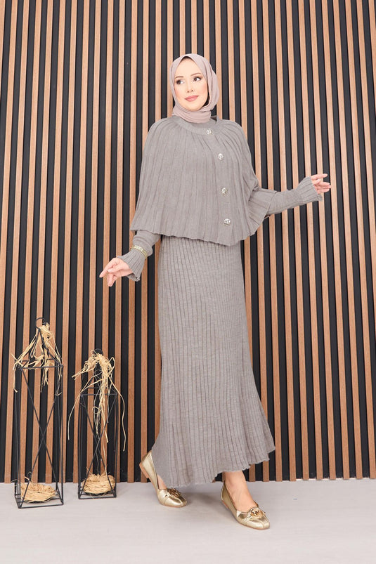 طقم حجاب من قطعتين، رداء بأزرار وفستان محبوك، من المنك