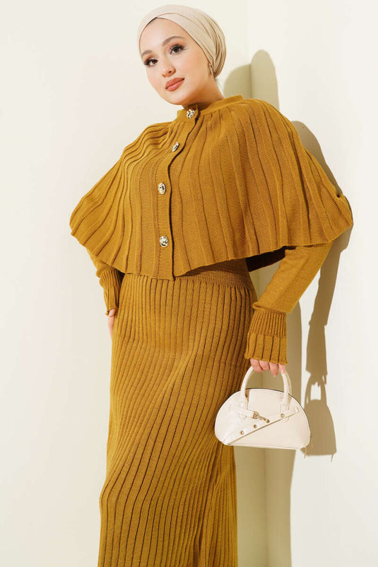 طقم فستان كاب محبوك بأزرار، لون خردلي