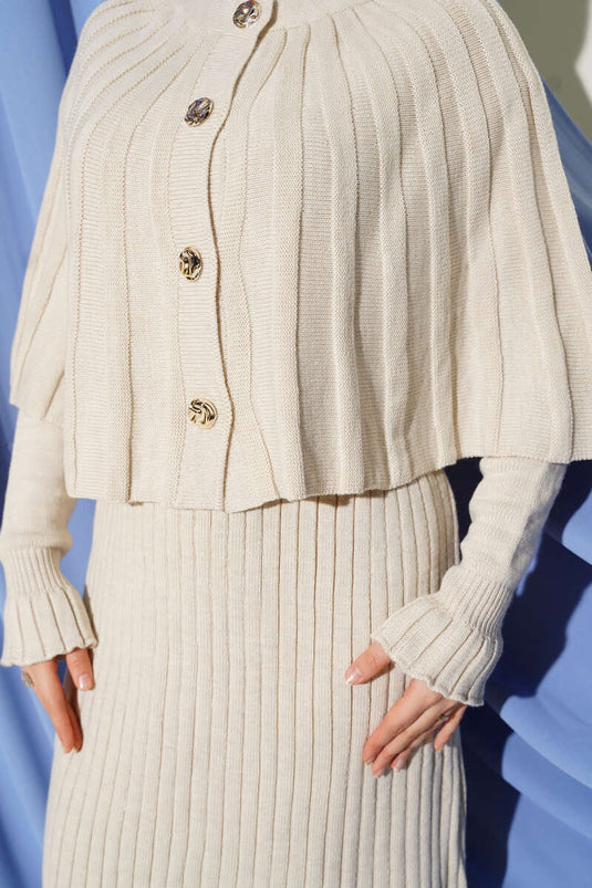 طقم فستان محبوك بأزرار بلون حجري