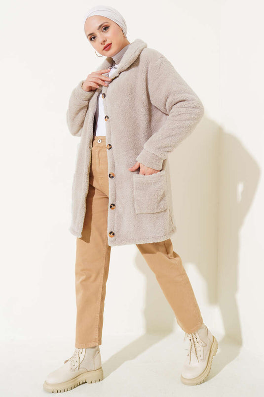 Buttoned Plush Cardigan Beige