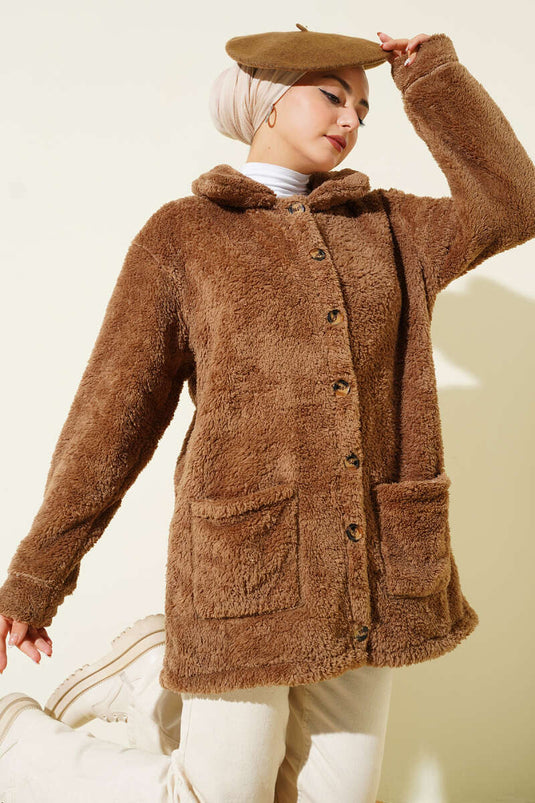 Gilet en peluche boutonné, couleur vison