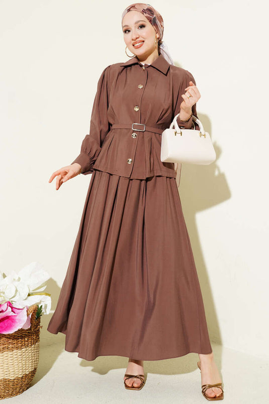Set met rok van modaal met knoop- en plooiendetail, bruin