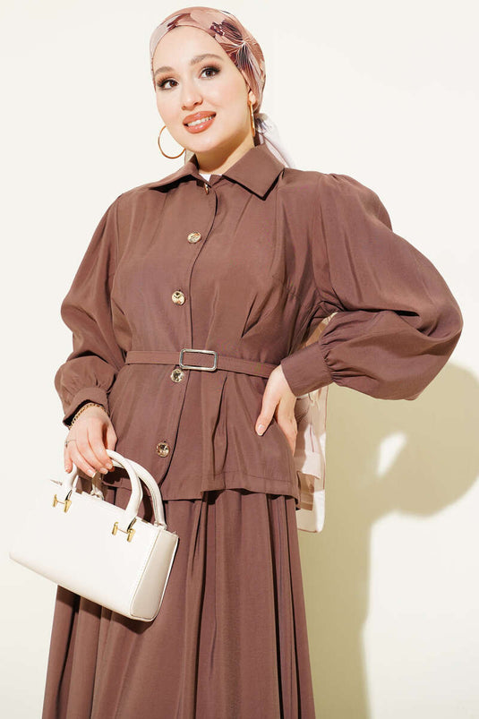 Set met rok van modaal met knoop- en plooiendetail, bruin