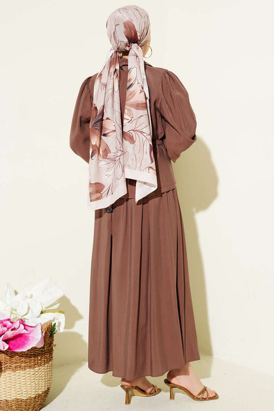 Set met rok van modaal met knoop- en plooiendetail, bruin