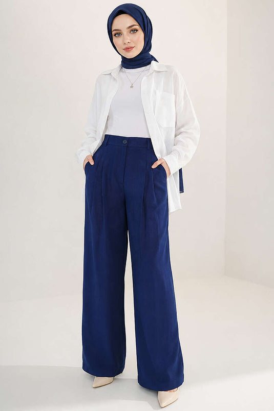 Pantalón Palazzo Con Detalle De Pile Y Botones En Azul Marino