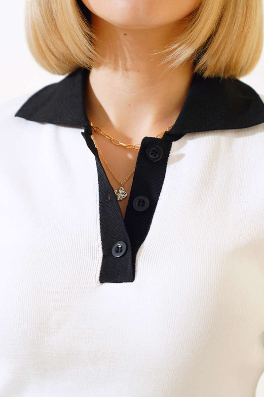 Buttoned Polo Collar Bodysuit White