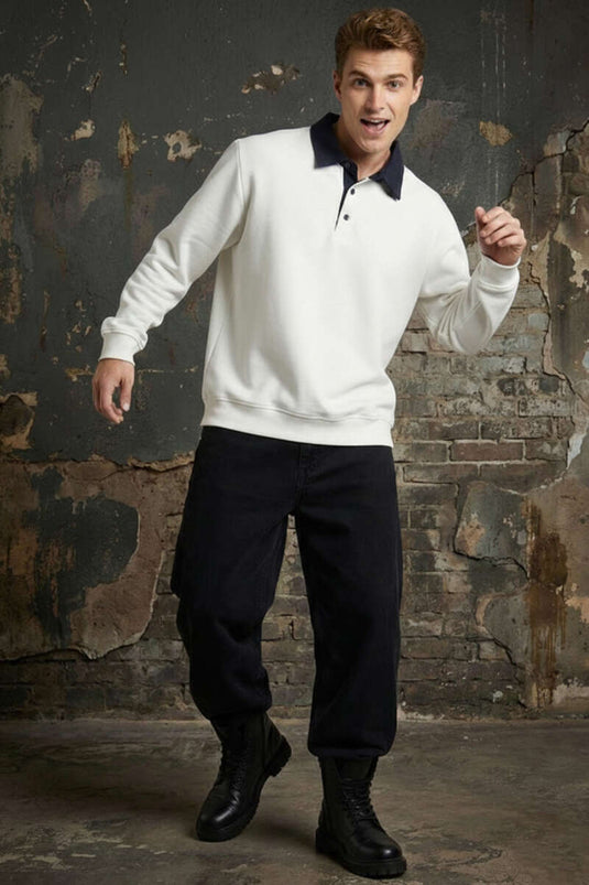 Düğmeli Polo Yaka Erkek Sweatshirt Beyaz