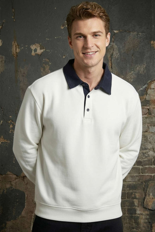 Düğmeli Polo Yaka Erkek Sweatshirt Beyaz