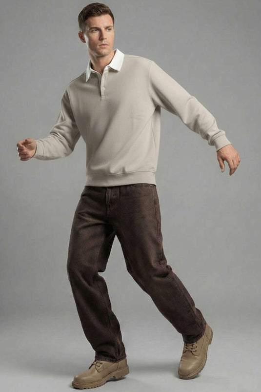 Buttoned Polo Collar Men's Sweatshirt Gray