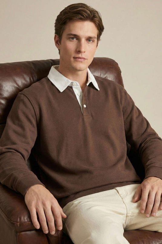 Düğmeli Polo Yaka Erkek Sweatshirt Kahve