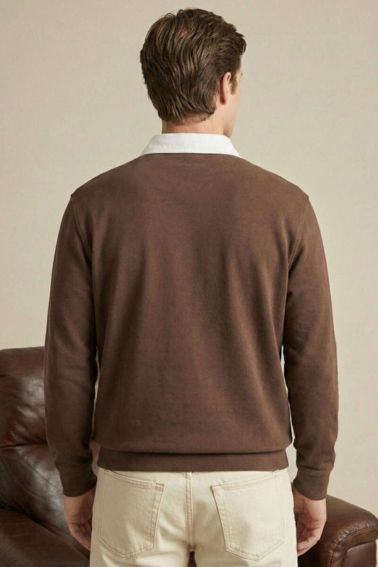 Men's Sweatshirt with Buttoned Polo Collar, Coffee