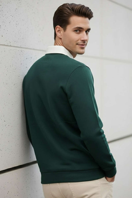 Buttoned Polo Collar Men's Sweatshirt in Olive Green
