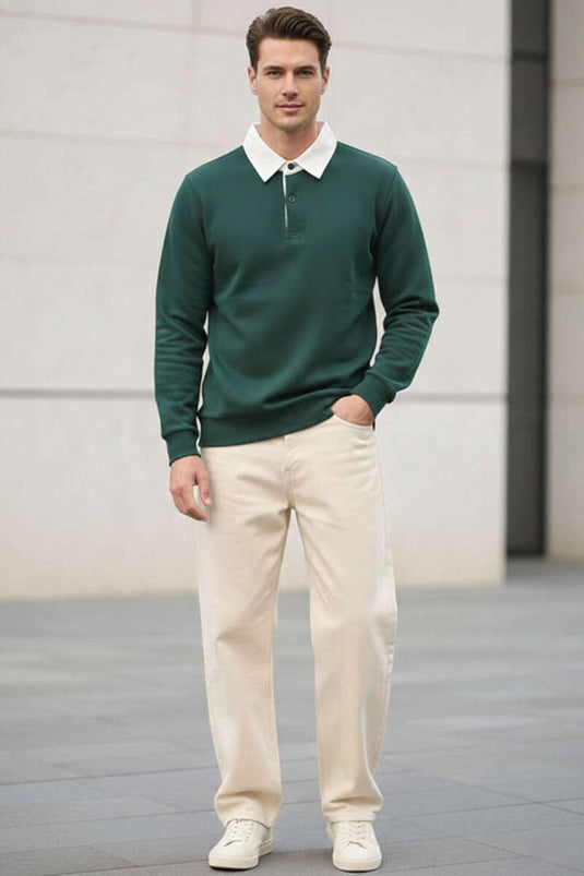 Buttoned Polo Collar Men's Sweatshirt in Olive Green