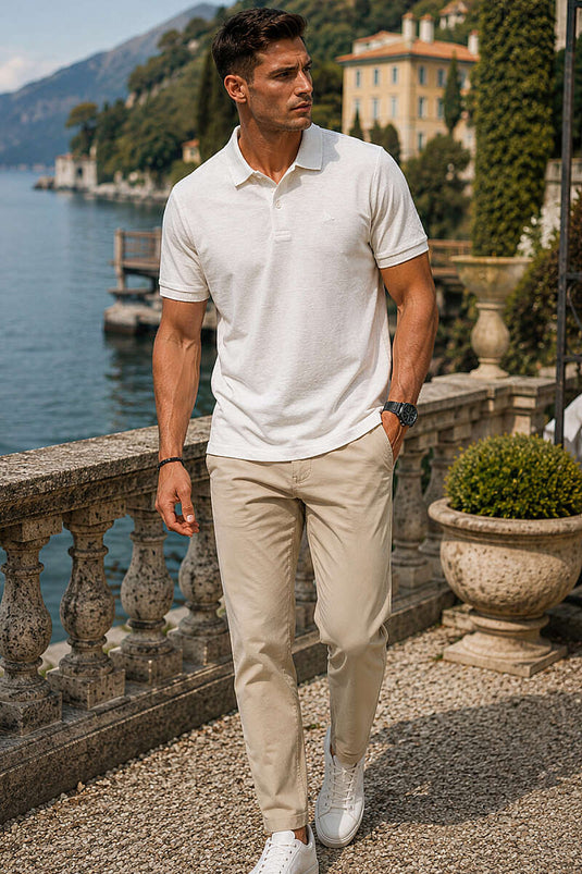 Düğmeli Polo Yaka Erkek T-shirt Melanj Bej
