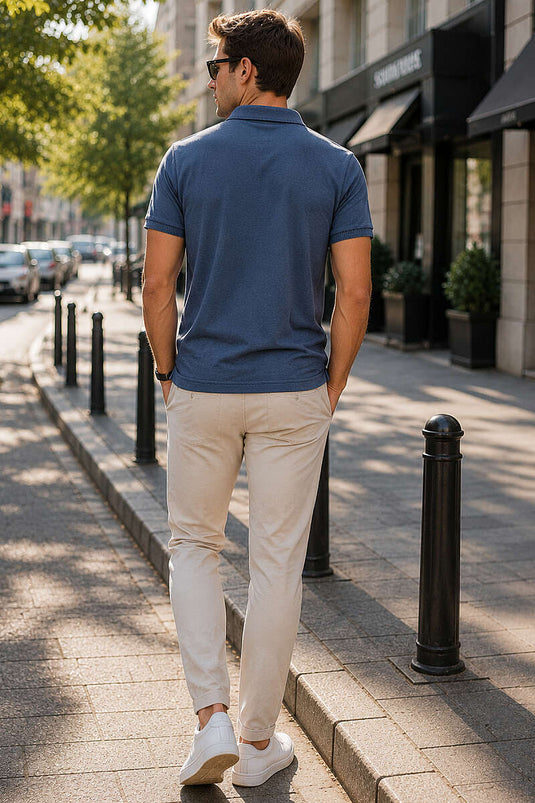 Düğmeli Polo Yaka Erkek T-shirt Melanj Lacivert