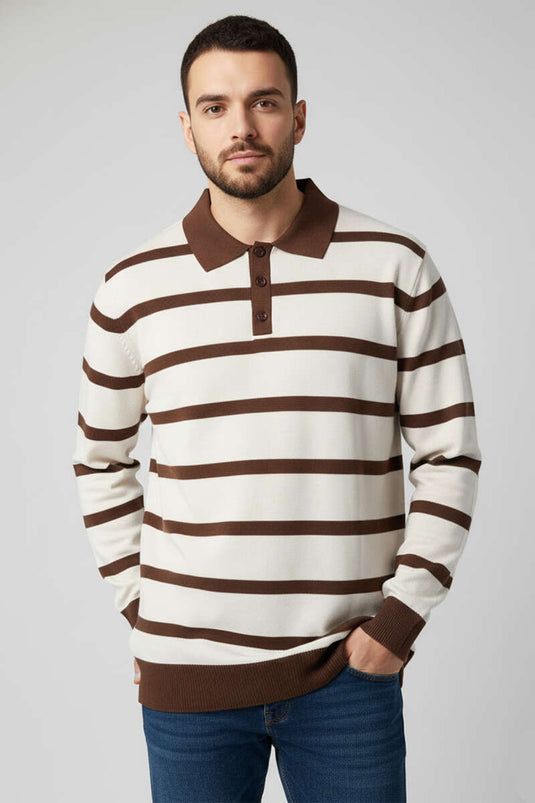 كنزة صوفية ملونة بياقة بولو وأزرار، لون بيج