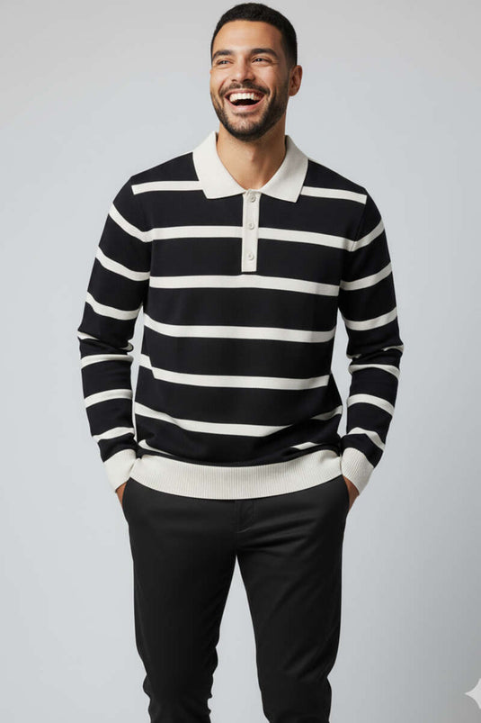 كنزة صوفية سوداء ملونة بياقة بولو وأزرار