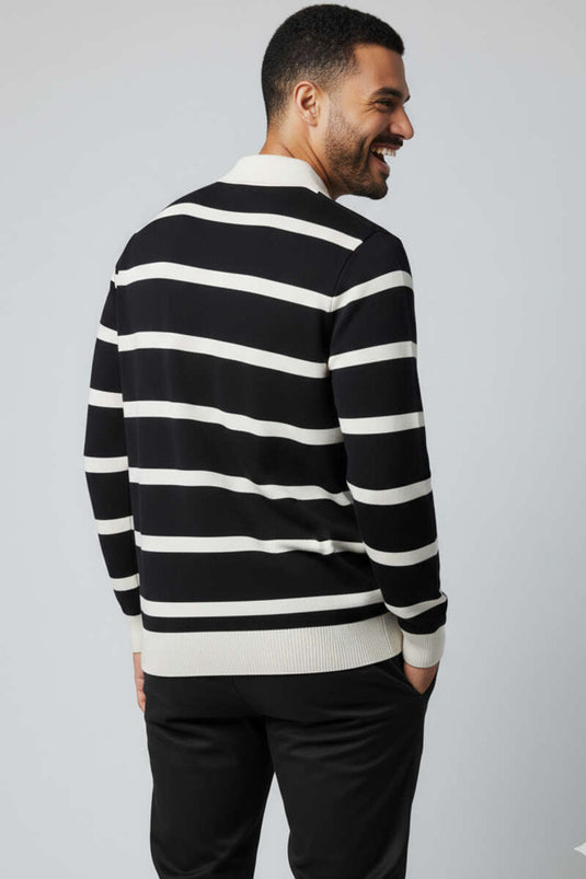 Buttoned Polo Collar Colorful Knit Sweater Black