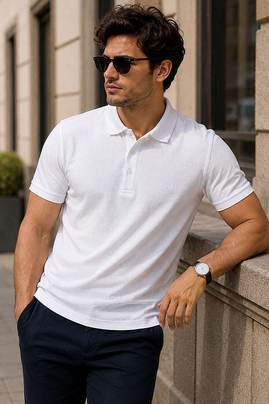 Düğmeli Polo Yaka Waffle Erkek T-shirt Beyaz