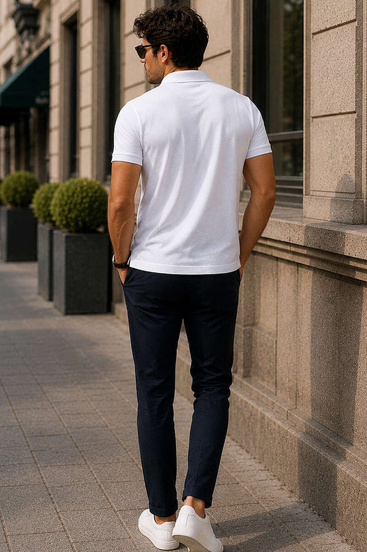 Düğmeli Polo Yaka Waffle Erkek T-shirt Beyaz