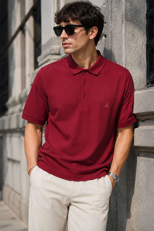 Düğmeli Polo Yaka Waffle Erkek T-shirt Bordo