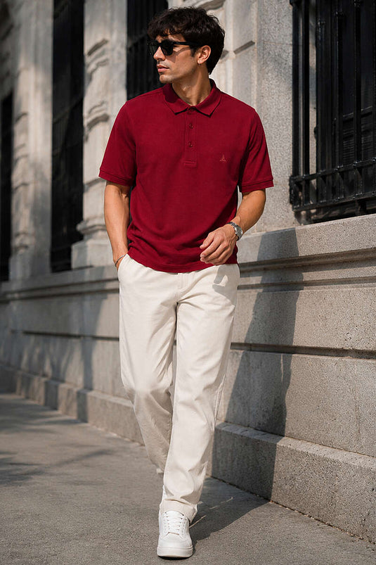 Düğmeli Polo Yaka Waffle Erkek T-shirt Bordo