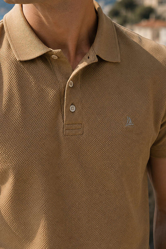 Düğmeli Polo Yaka Waffle Erkek T-shirt Camel