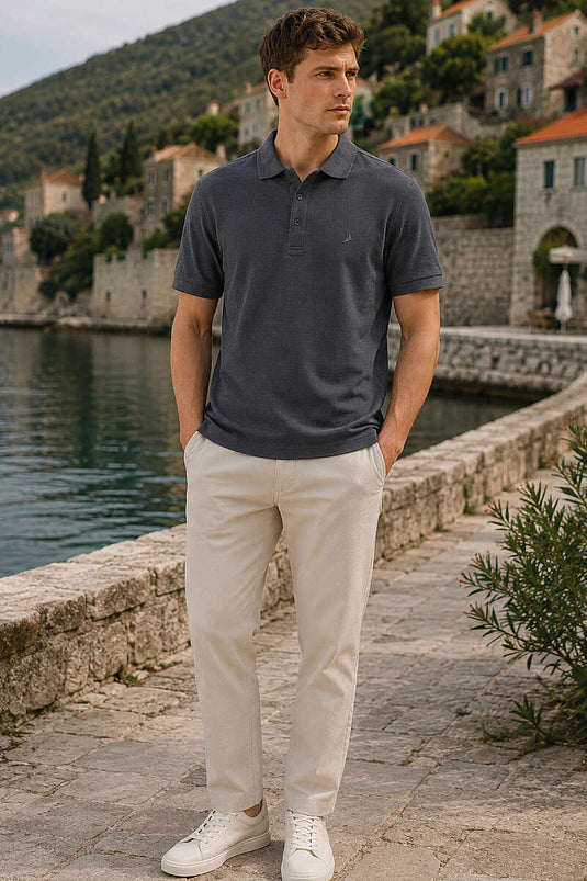Düğmeli Polo Yaka Waffle Erkek T-shirt Füme