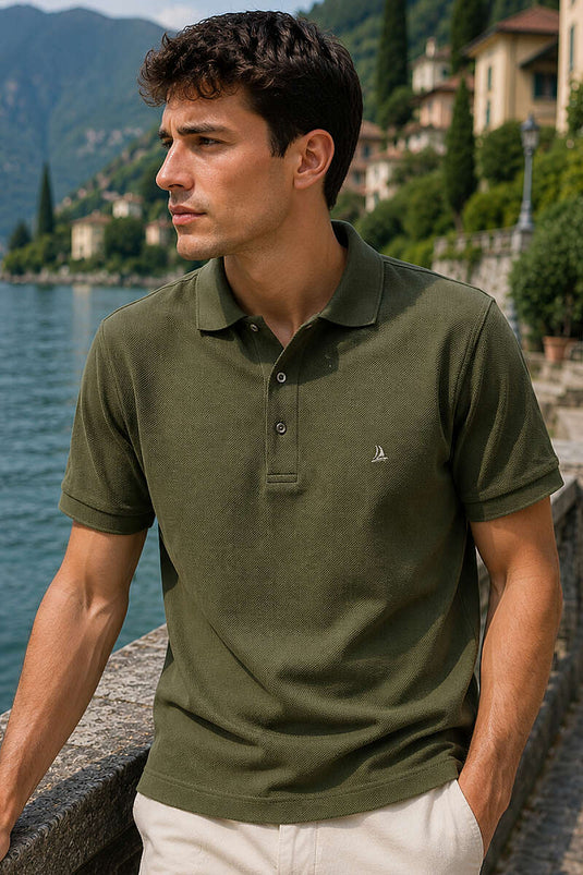 Düğmeli Polo Yaka Waffle Erkek T-shirt Haki