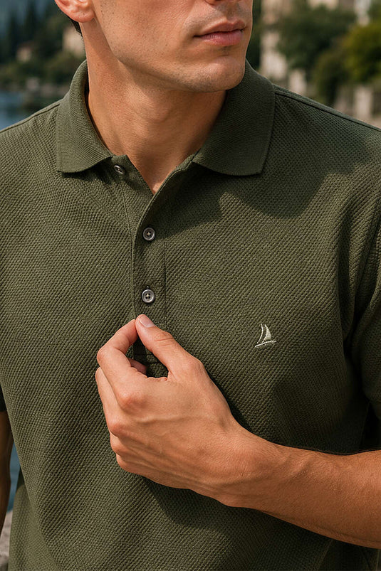 Düğmeli Polo Yaka Waffle Erkek T-shirt Haki