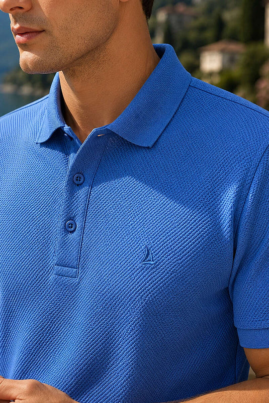 Düğmeli Polo Yaka Waffle Erkek T-shirt İndigo