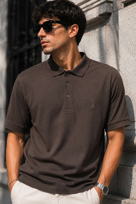 Düğmeli Polo Yaka Waffle Erkek T-shirt Kahve