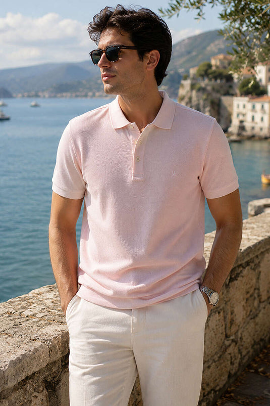 Düğmeli Polo Yaka Waffle Erkek T-shirt Pembe